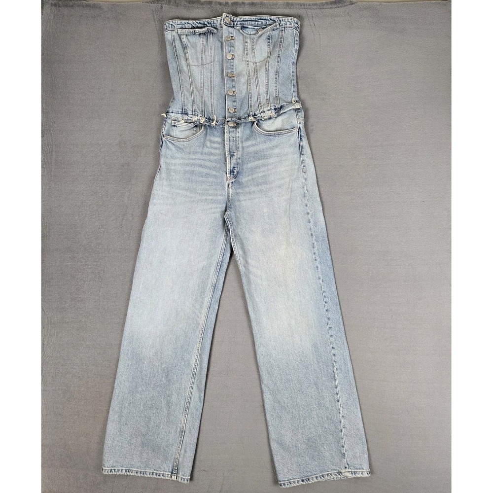 Zara Denim Strapless Jumpsuit Womens Large Wide Leg Blue Light Wash Corset